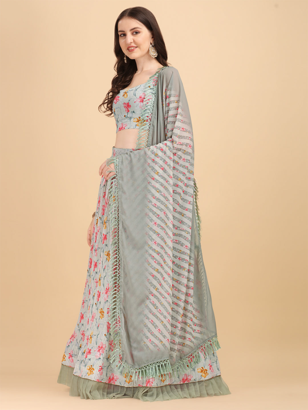 Pista Color Crochet Sequence Work Floral Printed Crushed Lehenga Choli
