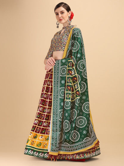 Digital Printed Maroon & Green Color Crushed Lehenga Choli