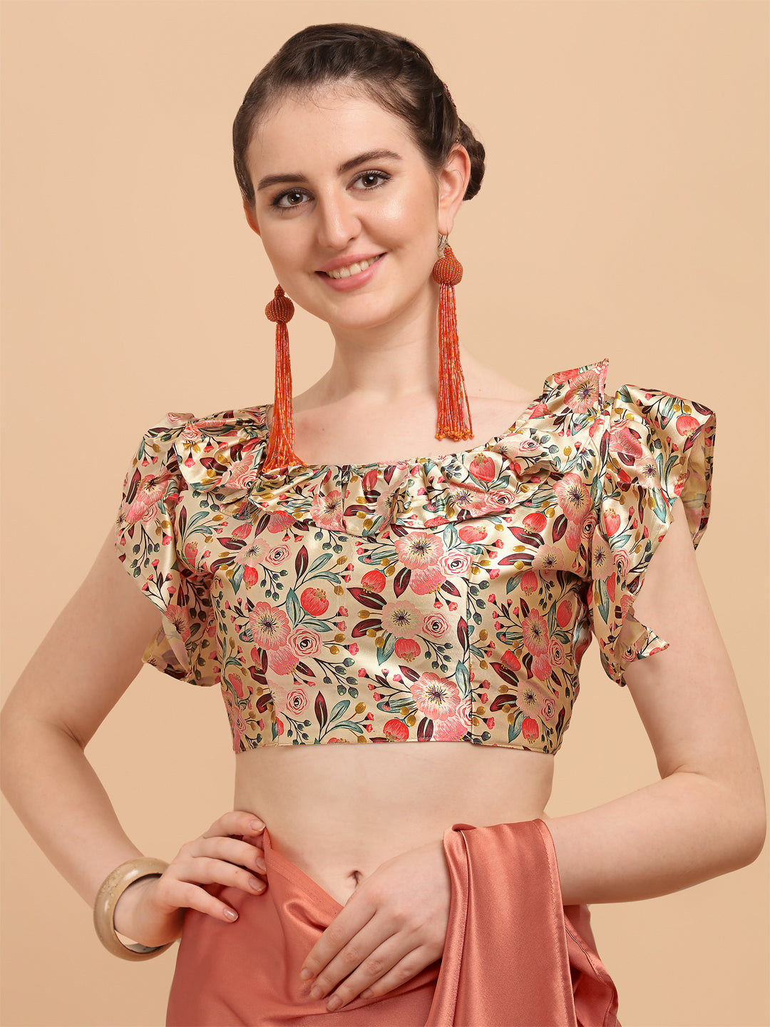 Awesome Tomato Color Silk Saree With Printed Blouse