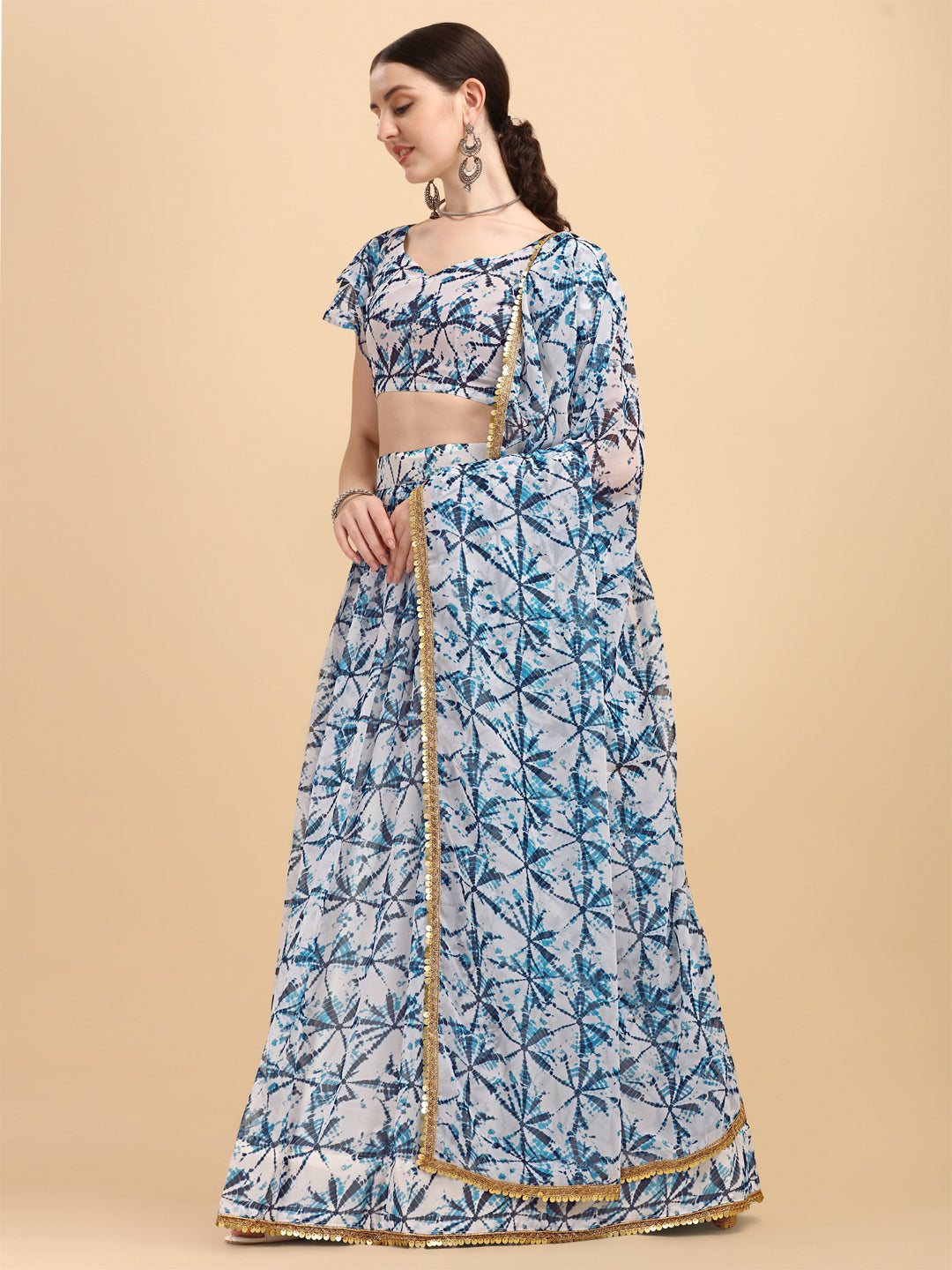 White And Blue Color Shibori Print Lehenga Choli