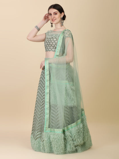 Fancy Dusty Green Color Designer Net And Fur Lehenga Choli