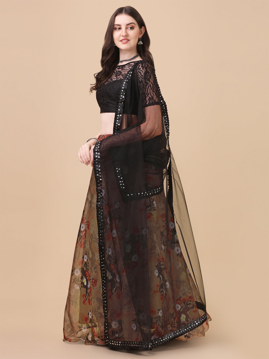 Digital Printed Brown Color Organza Lehenga Choli