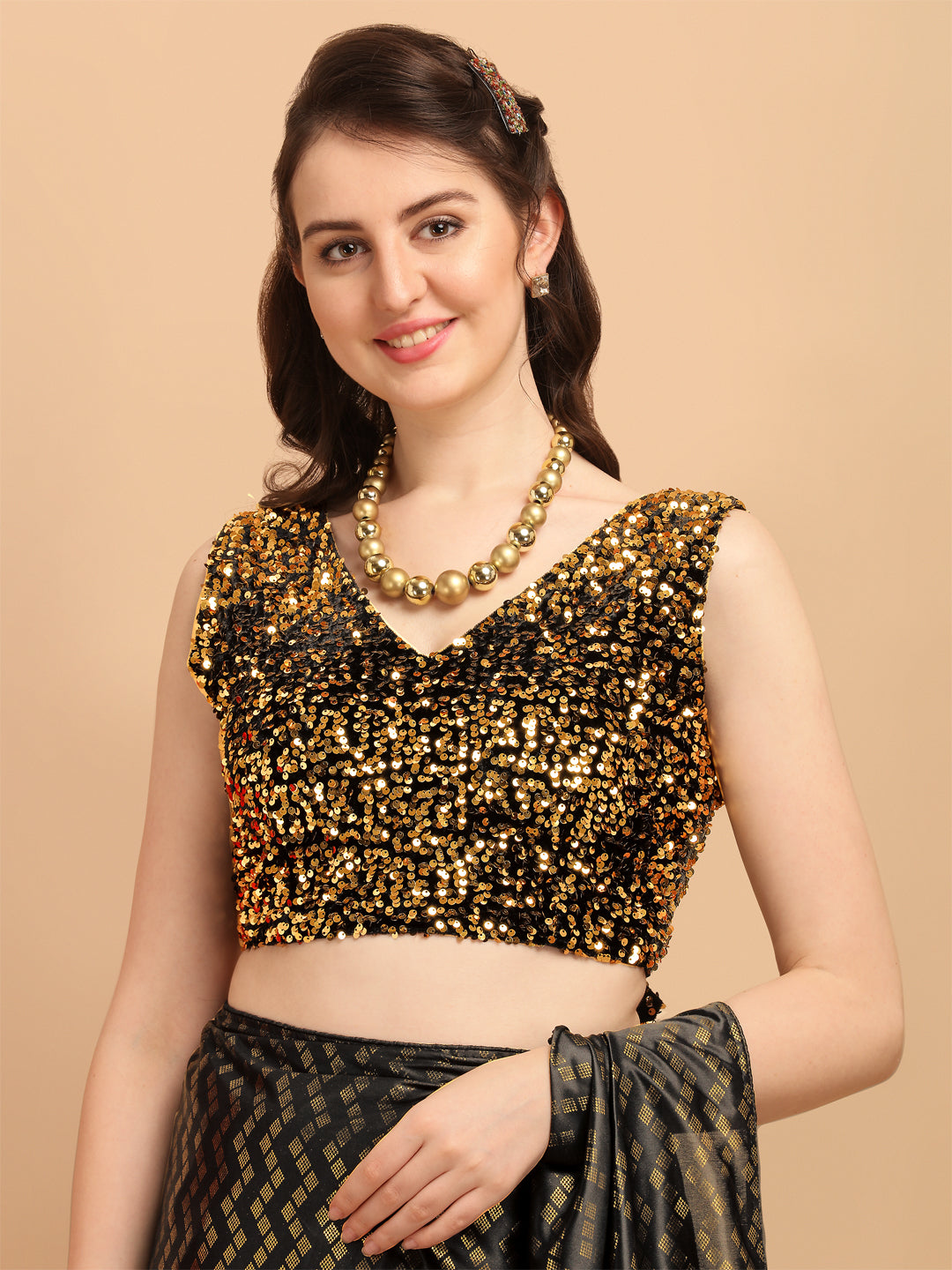 Black Malai Silk Saree With Sequences Blouse