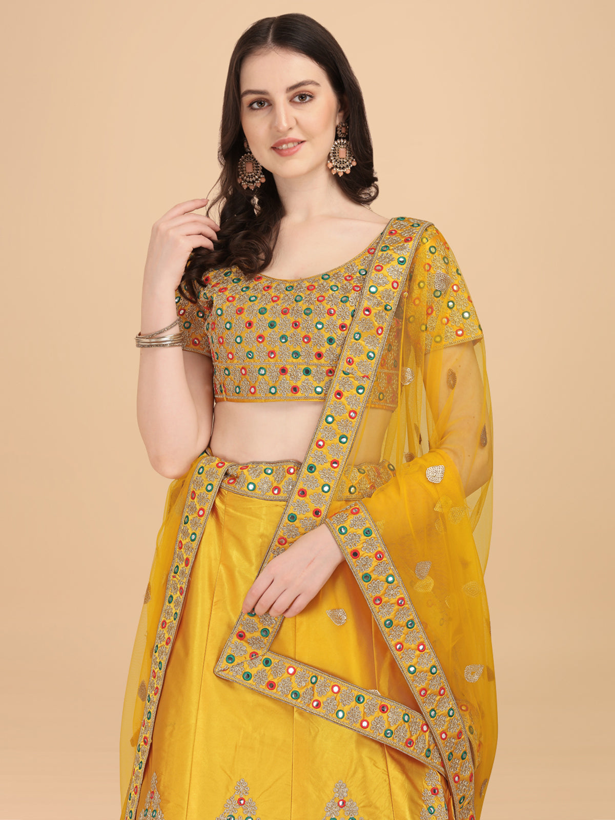 Designer Yellow Color Sequence & Mirror Work Satin Silk Lehenga choli