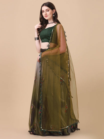 Digital Printed Mehndi Green Color Lycra Lehenga Choli