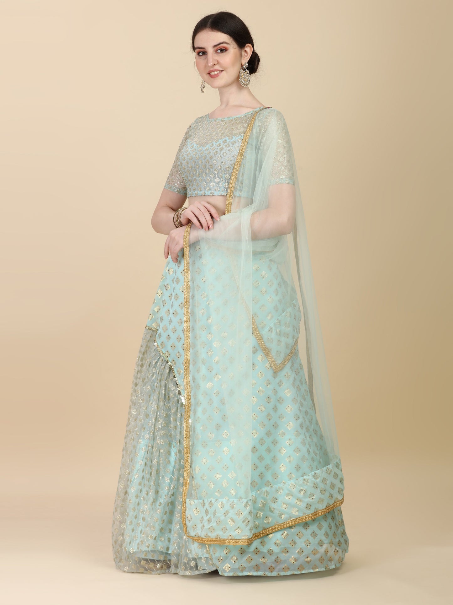 Ruffle Style Sky Blue Color Chinon Satin With Net Lehenga Choli