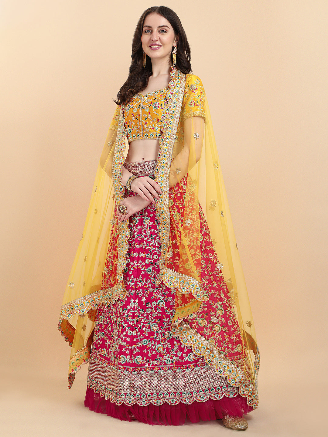 Yellow With Pink Color Sequence Embroidered Work Silk Lehenga Choli