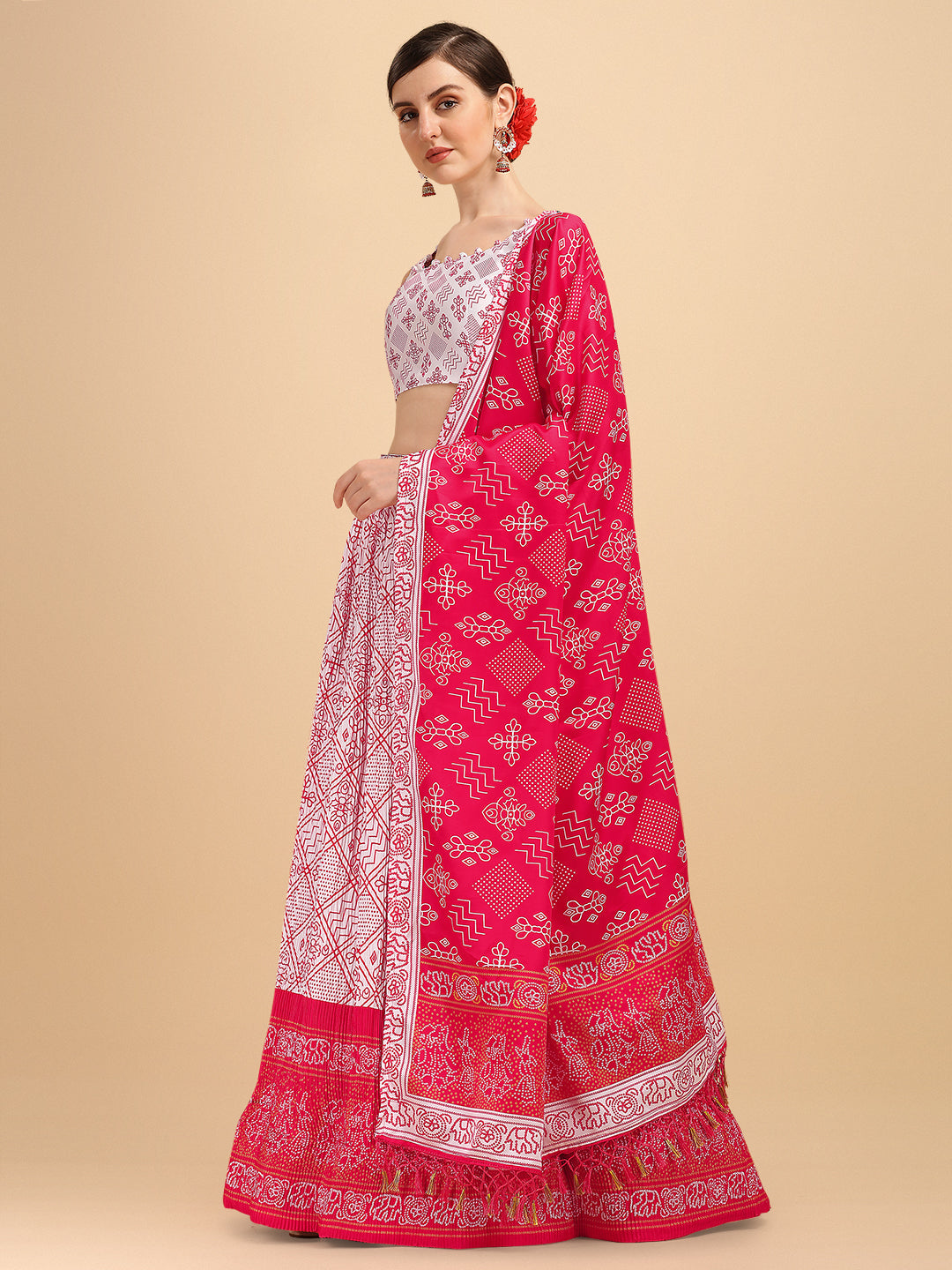 White & Pink Color Digital Printed Crushed Lehenga Choli