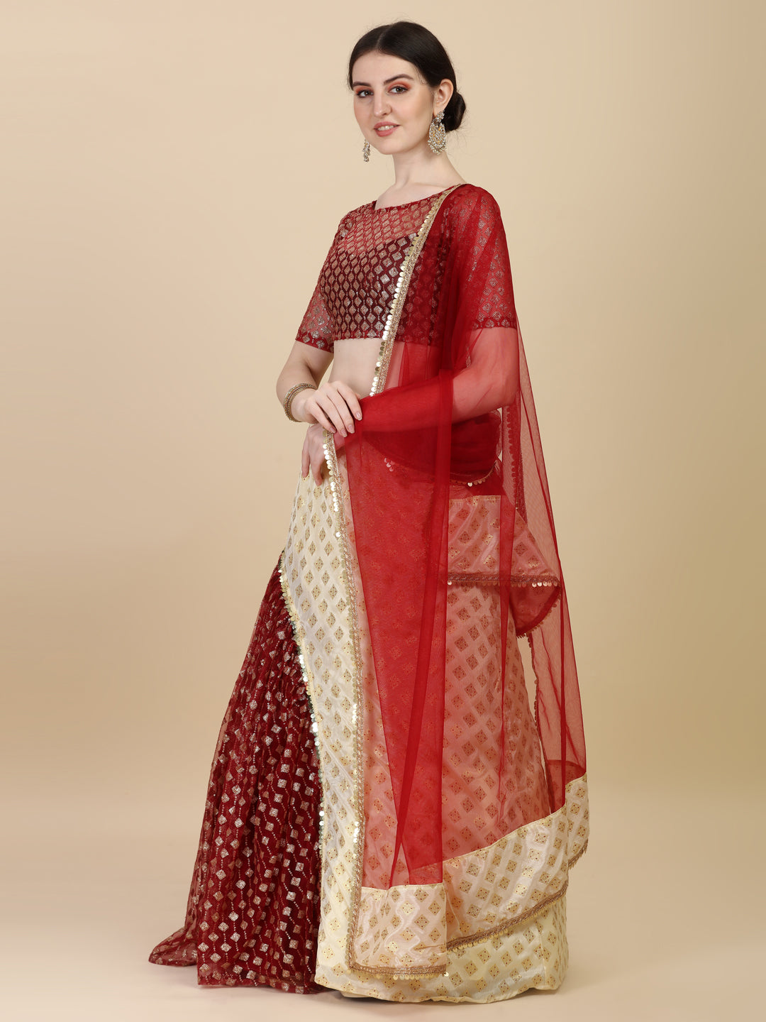 Ruffle Style Beige & Maroon Color Chinon Satin With Net Lehenga Choli