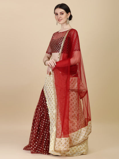 Ruffle Style Beige & Maroon Color Chinon Satin With Net Lehenga Choli