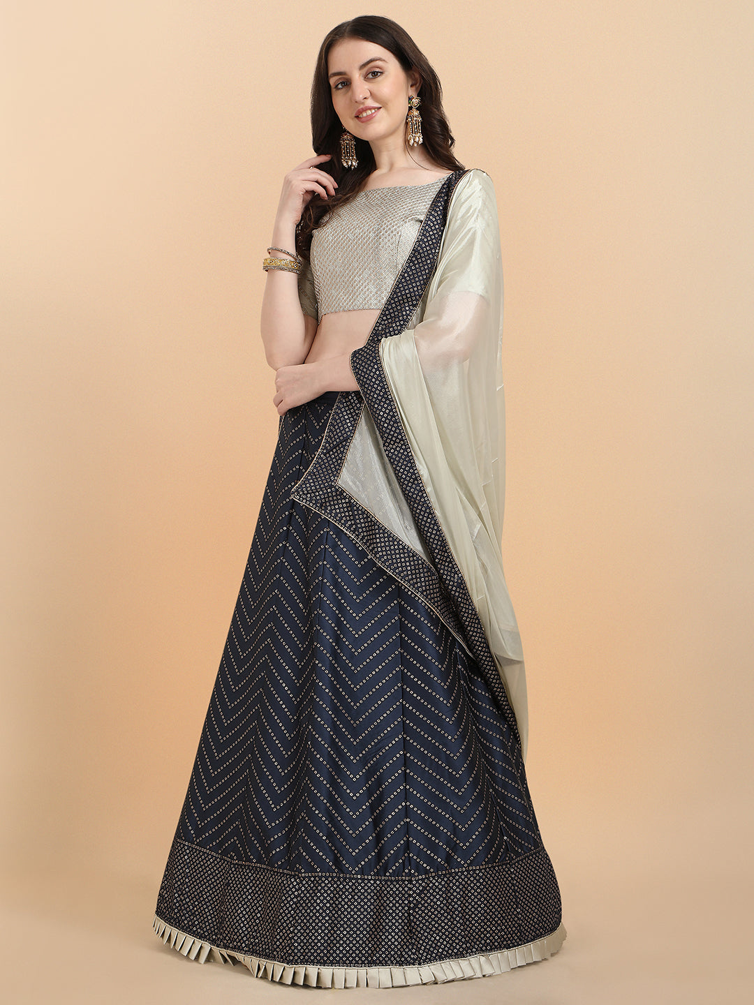 Navy Blue With Beige Color Sequence Work Satin Silk Lehenga Choli