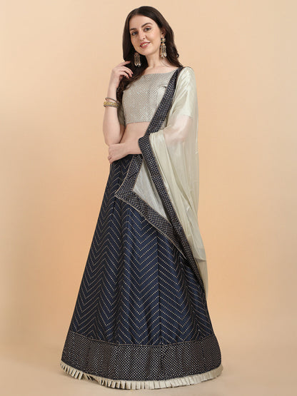 Navy Blue With Beige Color Sequence Work Satin Silk Lehenga Choli