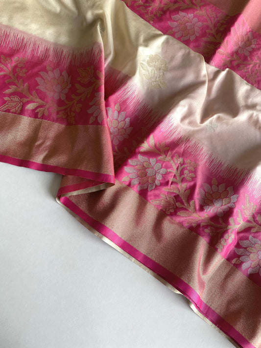 Fantastic Tone Silk Cream & Pink Color Saree