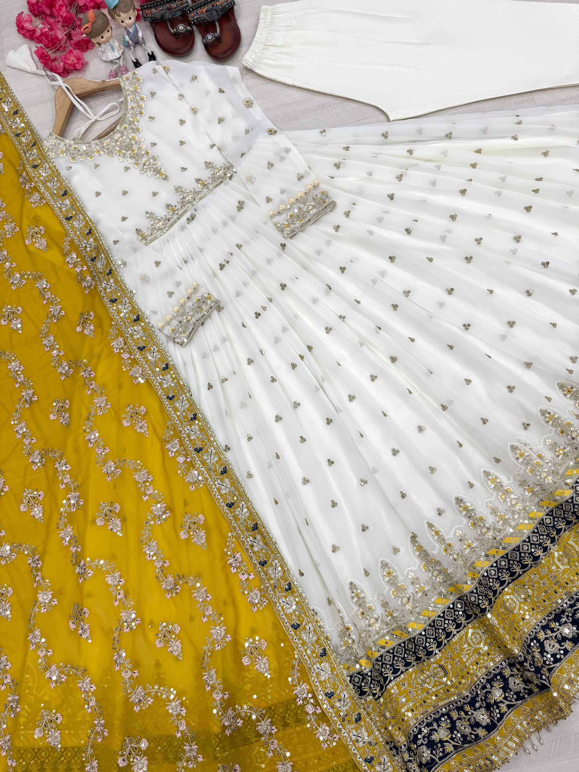Glorious Georgette White Color Gown With Yellow dupatta
