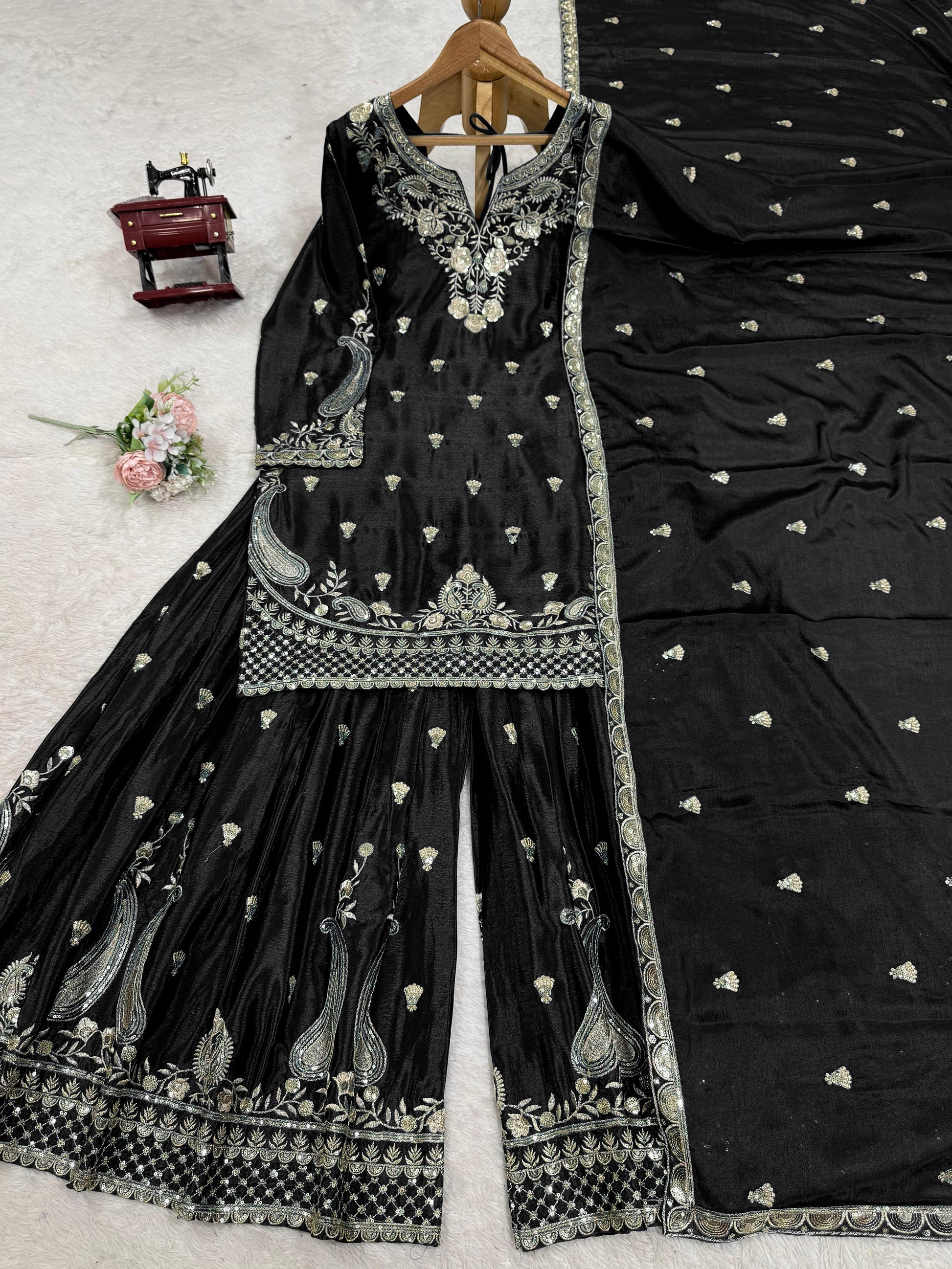 Wonderful Chinon Silk Black Color Palazzo Suit