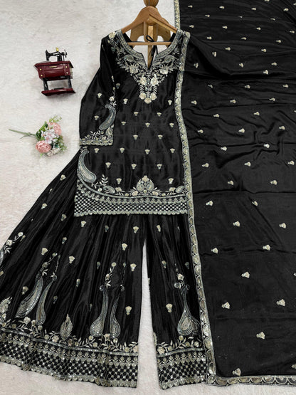 Wonderful Chinon Silk Black Color Palazzo Suit
