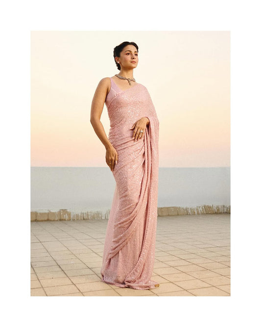 Bollywood Style Khichdi Embroidery Work Pink Color Saree