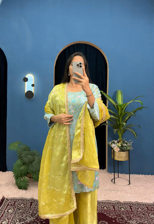 Superhit Jimmy Choo Sky Blue & Yellow Color Palazzo Suit