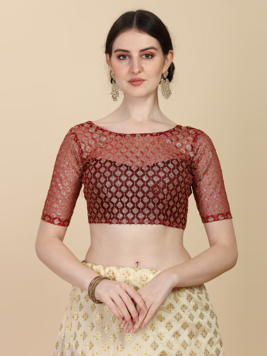 Ruffle Style Beige & Maroon Color Chinon Satin With Net Lehenga Choli