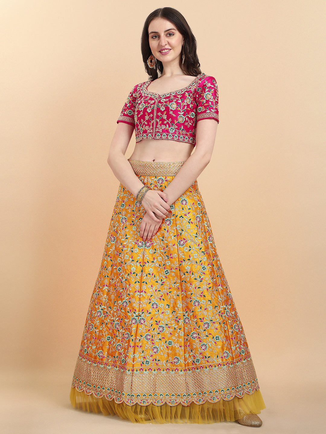 Pink With Yellow Color Sequence Embroidered Work Silk Lehenga Choli
