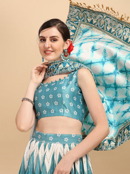Digital Printed Sky Blue Color Crushed Lehenga Choli