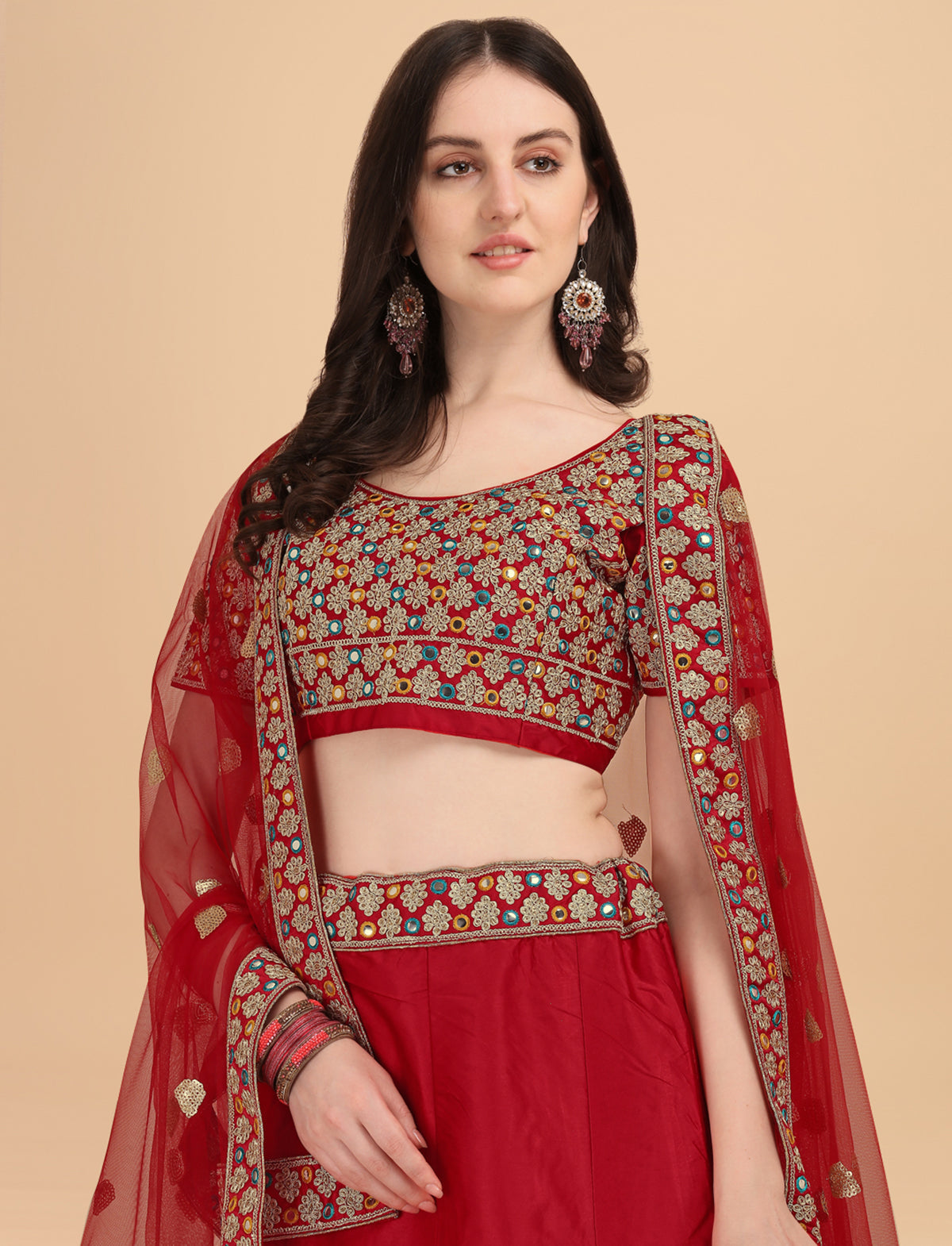 Designer Red Color Sequence & Mirror Work Satin Silk Lehenga choli