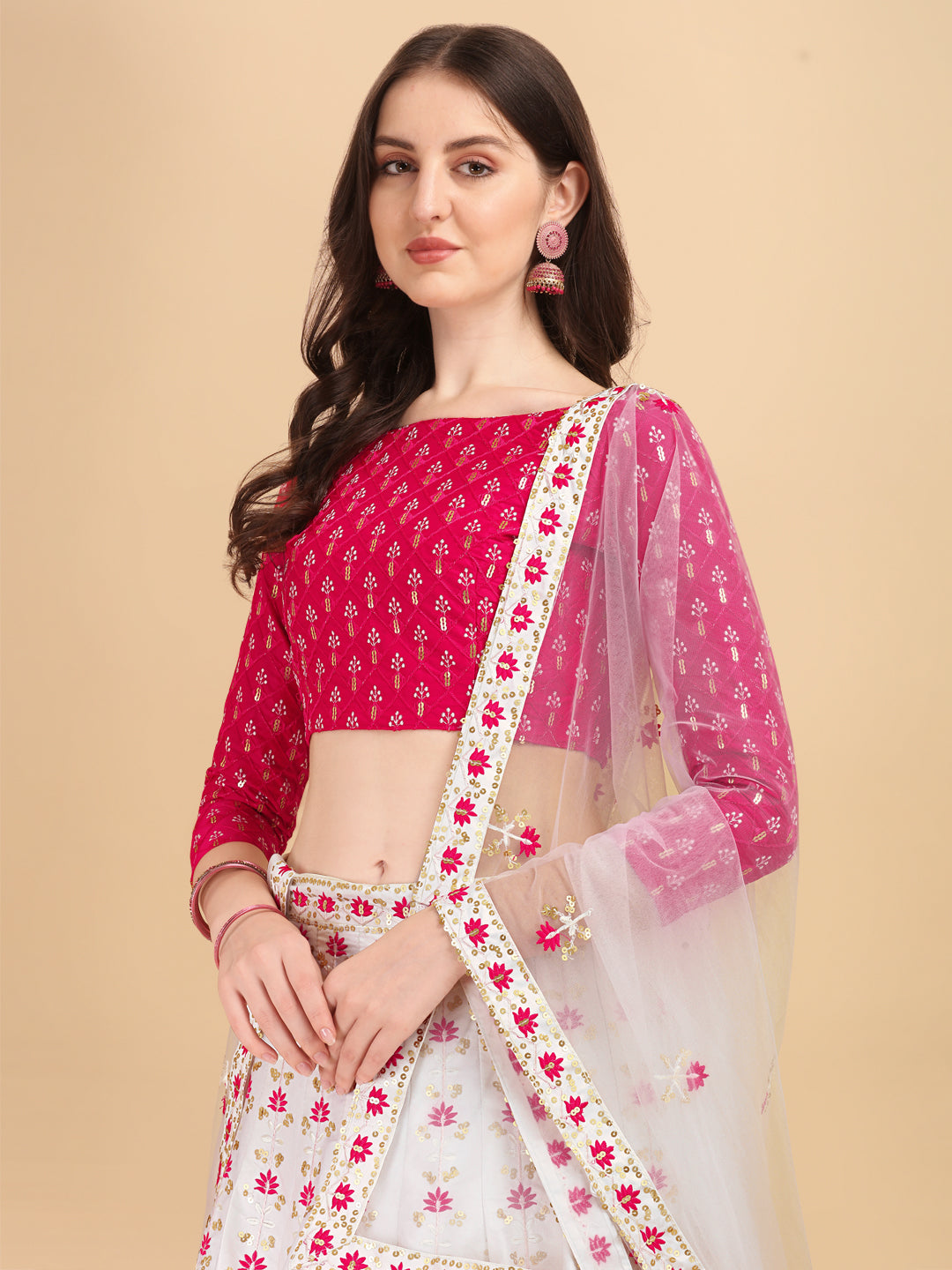 Designer Pink And White Sequence Embroidered Work Lehenga Choli