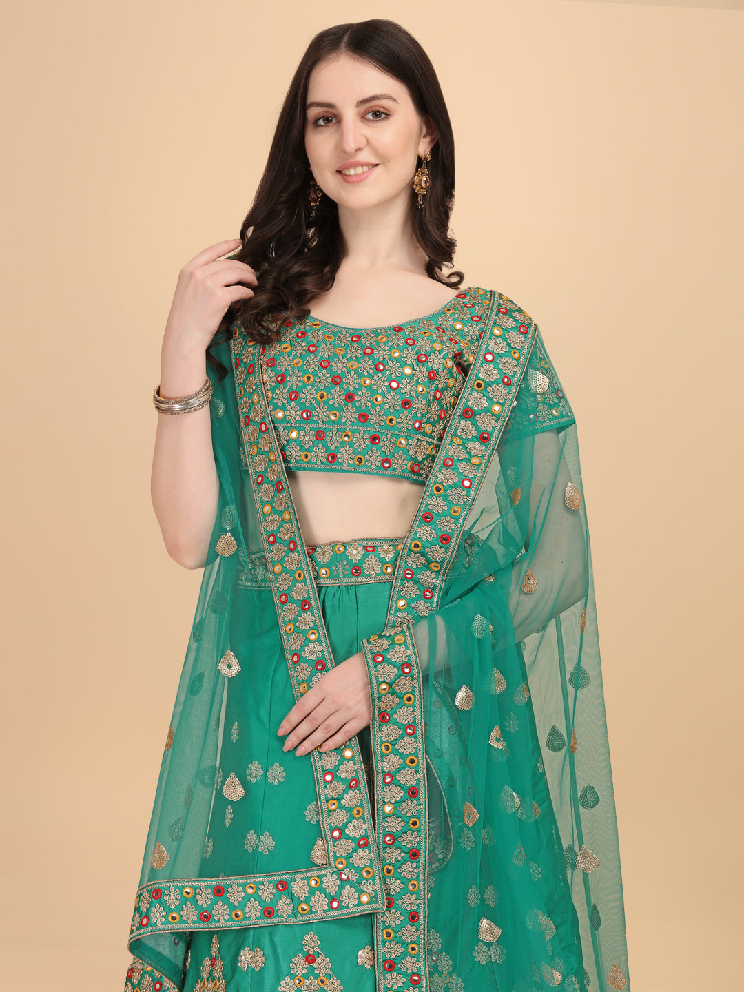 Designer Green Color Sequence & Mirror Work Satin Silk Lehenga choli