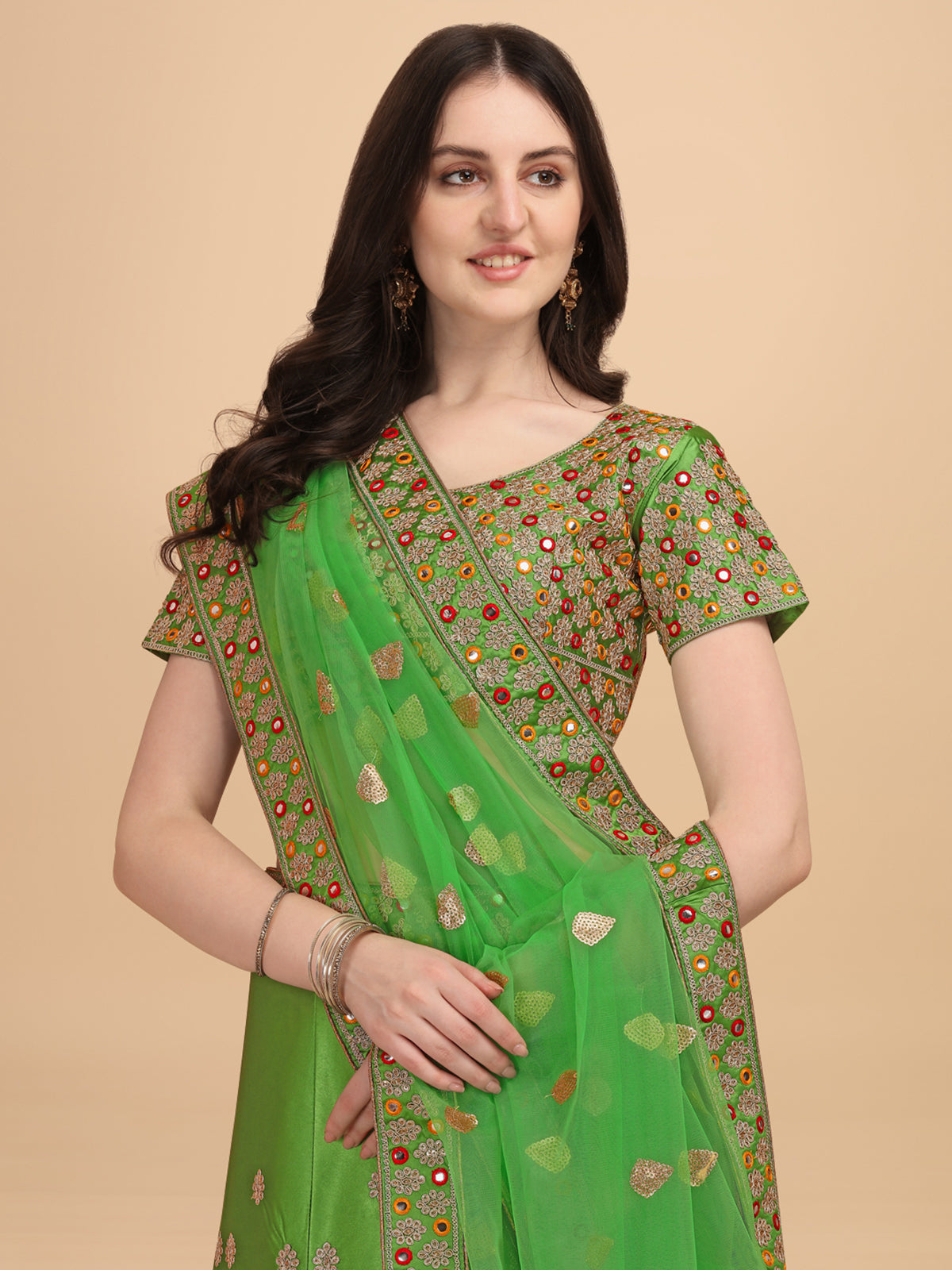 Designer Light Green Color Sequence & Mirror Work Satin Silk Lehenga choli