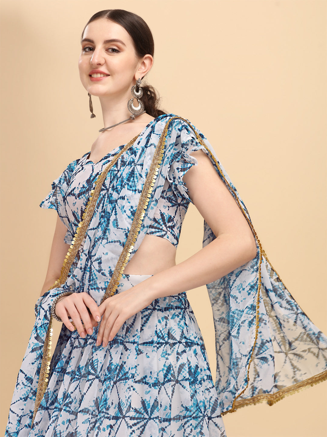 White And Blue Color Shibori Print Lehenga Choli