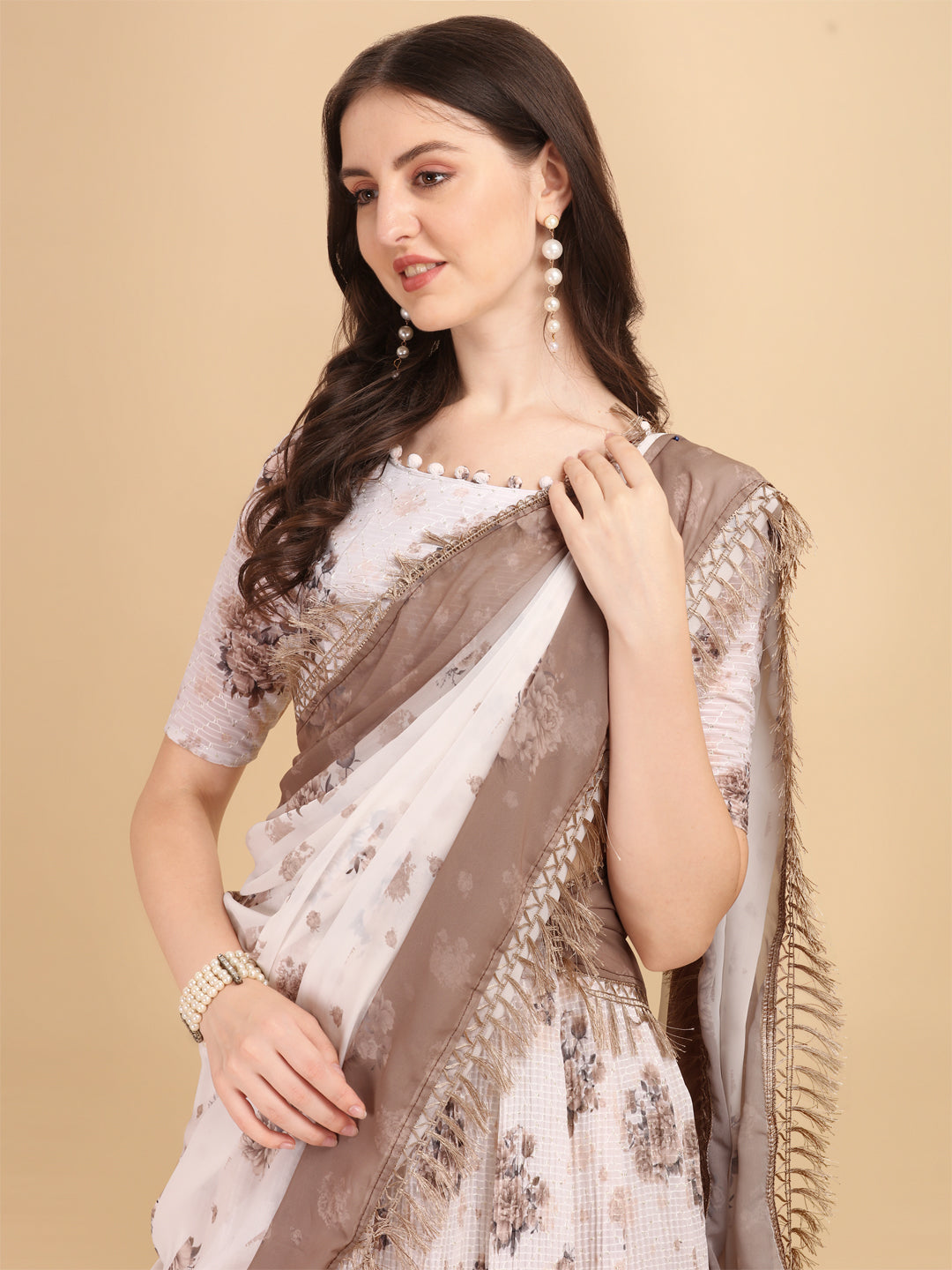 Brown Color Crochet Sequence Work Floral Printed Crushed Lehenga Choli