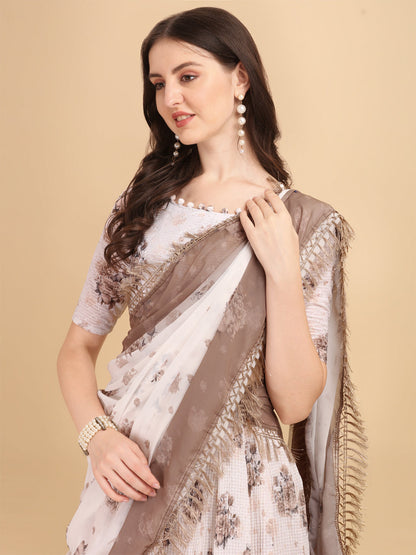 Brown Color Crochet Sequence Work Floral Printed Crushed Lehenga Choli
