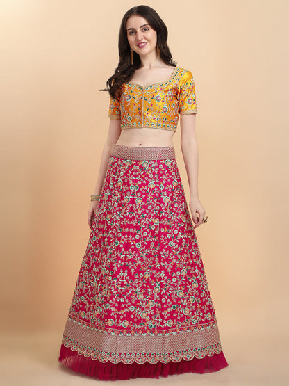 Yellow With Pink Color Sequence Embroidered Work Silk Lehenga Choli
