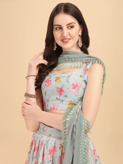 Pista Color Crochet Sequence Work Floral Printed Crushed Lehenga Choli