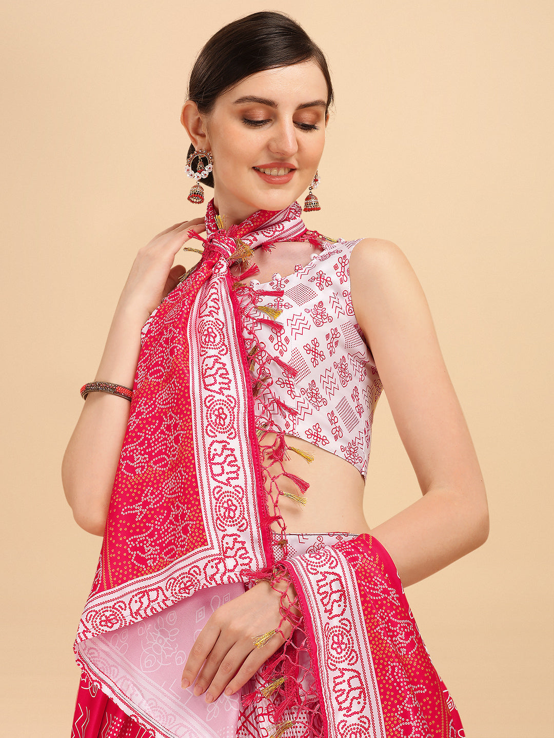 White & Pink Color Digital Printed Crushed Lehenga Choli