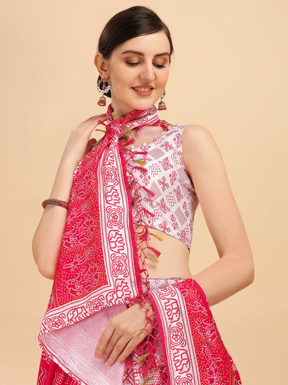 White & Pink Color Digital Printed Crushed Lehenga Choli