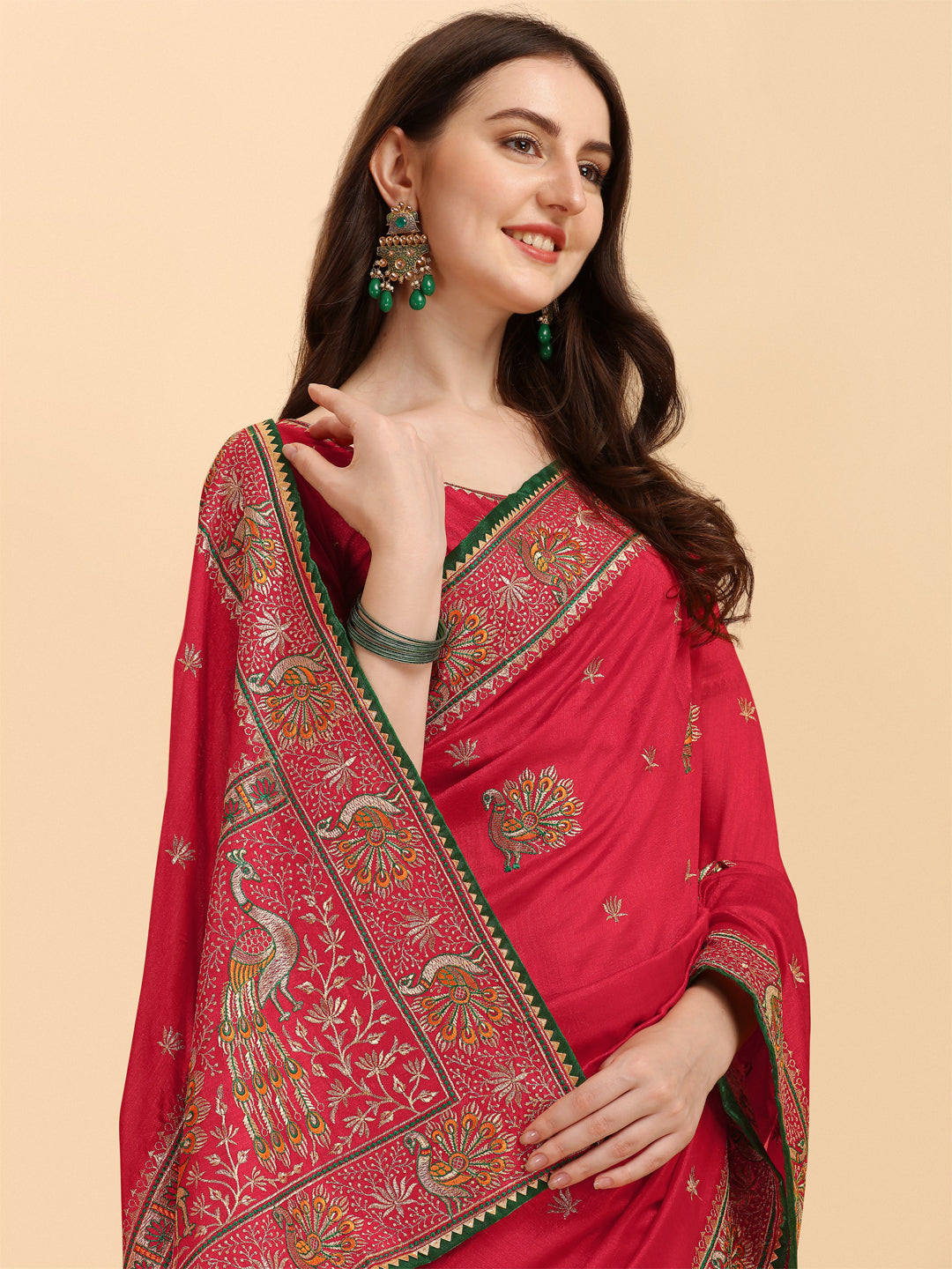 Party Wear Red Color Embroidered Work Vichitra Silk Saree