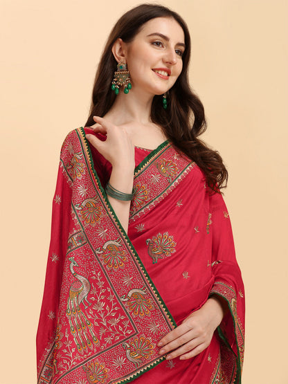 Party Wear Red Color Embroidered Work Vichitra Silk Saree