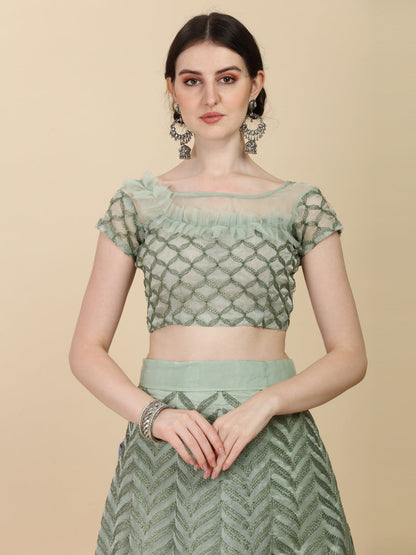 Fancy Dusty Green Color Designer Net And Fur Lehenga Choli