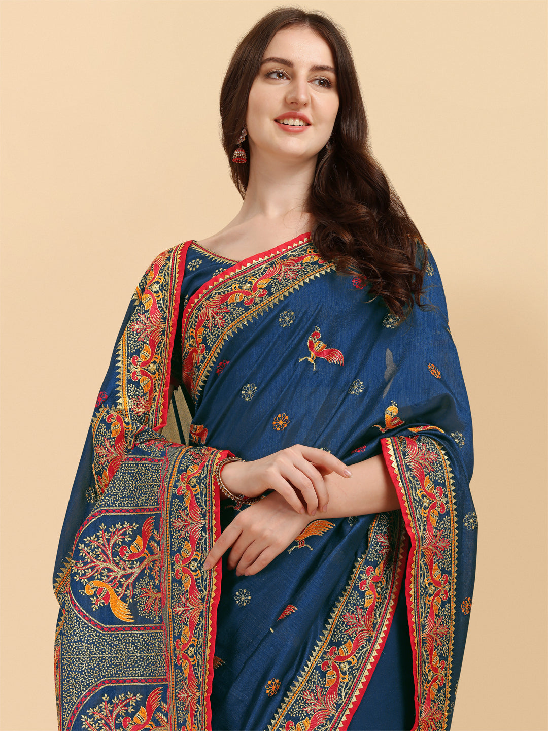 Party Wear Navy Blue Color Embroidered Work Vichitra Silk Saree