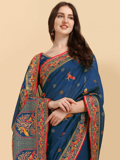 Party Wear Navy Blue Color Embroidered Work Vichitra Silk Saree