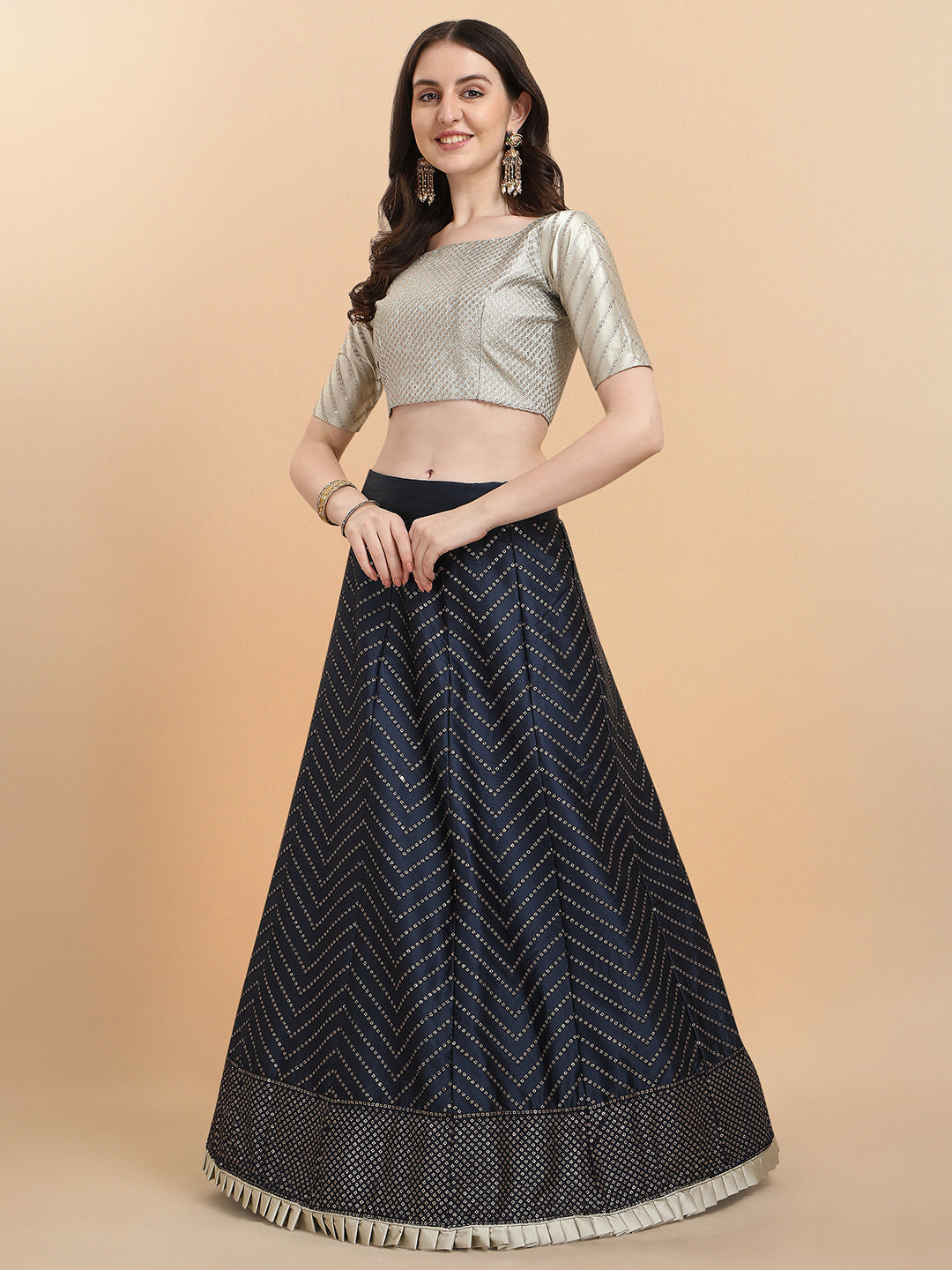 Navy Blue With Beige Color Sequence Work Satin Silk Lehenga Choli