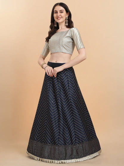 Navy Blue With Beige Color Sequence Work Satin Silk Lehenga Choli