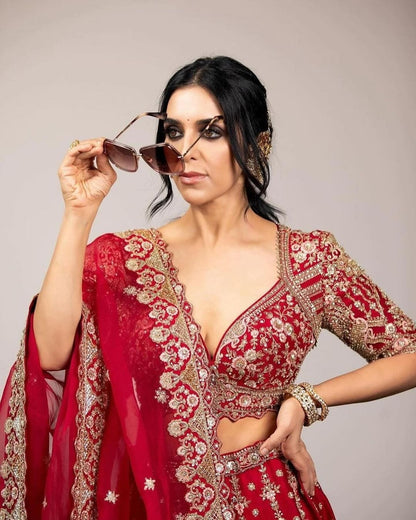 Fabulous Malai Satin Red Color Bridal Lehenga Choli
