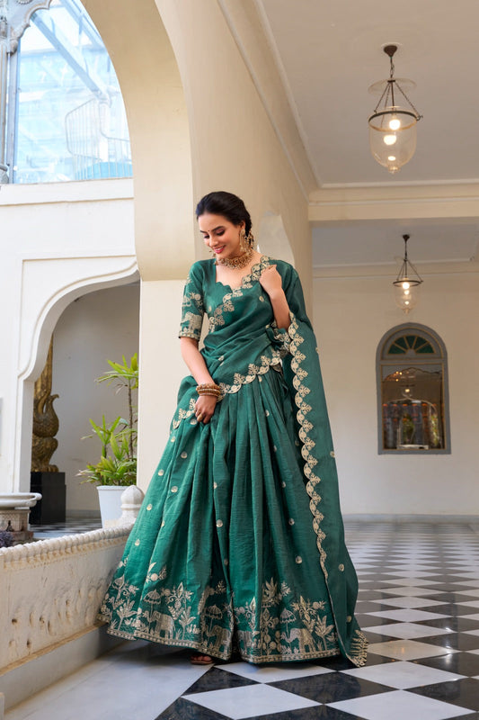 Imposing Gold Crush Teal Green Color Lehenga