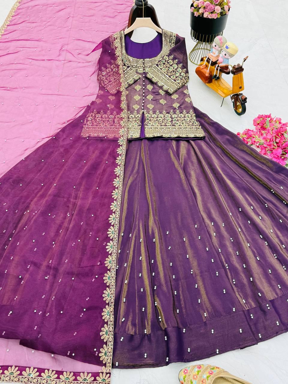 Simmer Silk Wedding Wear Wine Color Top With Lehenga