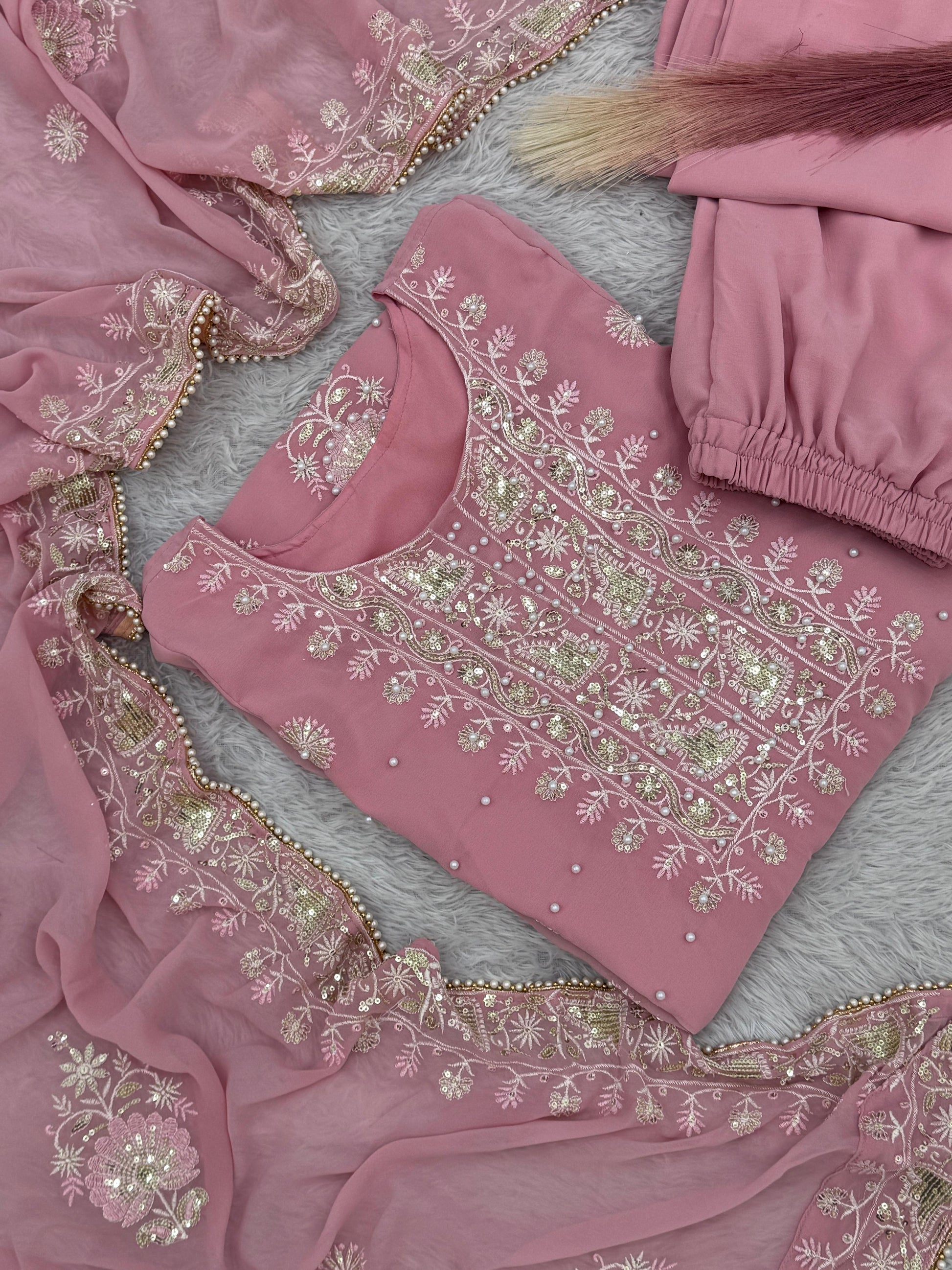 Classic Georgette Sequence Work Pink Color Plazzo Suit