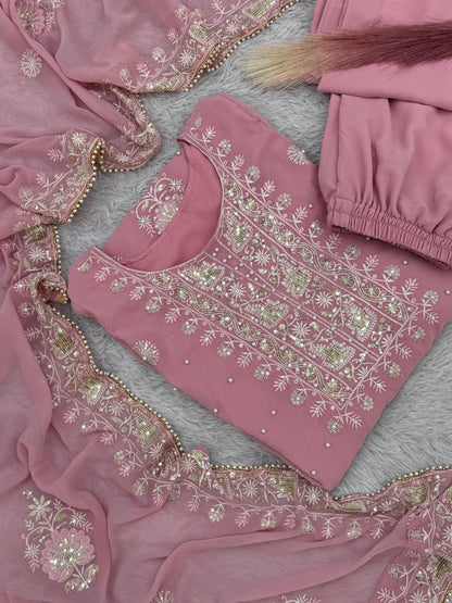 Classic Georgette Sequence Work Pink Color Plazzo Suit