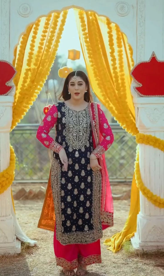 Navy Blue Color Heavy Embroidery Work Palazzo Suit
