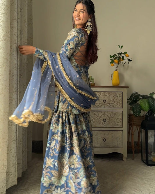 Delightful Embroidery Work Multi Blue Color Sharara Suit